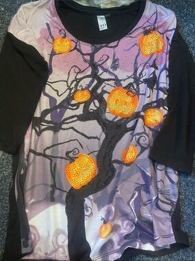 t/o Purple and Black Long Sleeve Halloween Pumpkin Tee with Orange Accents